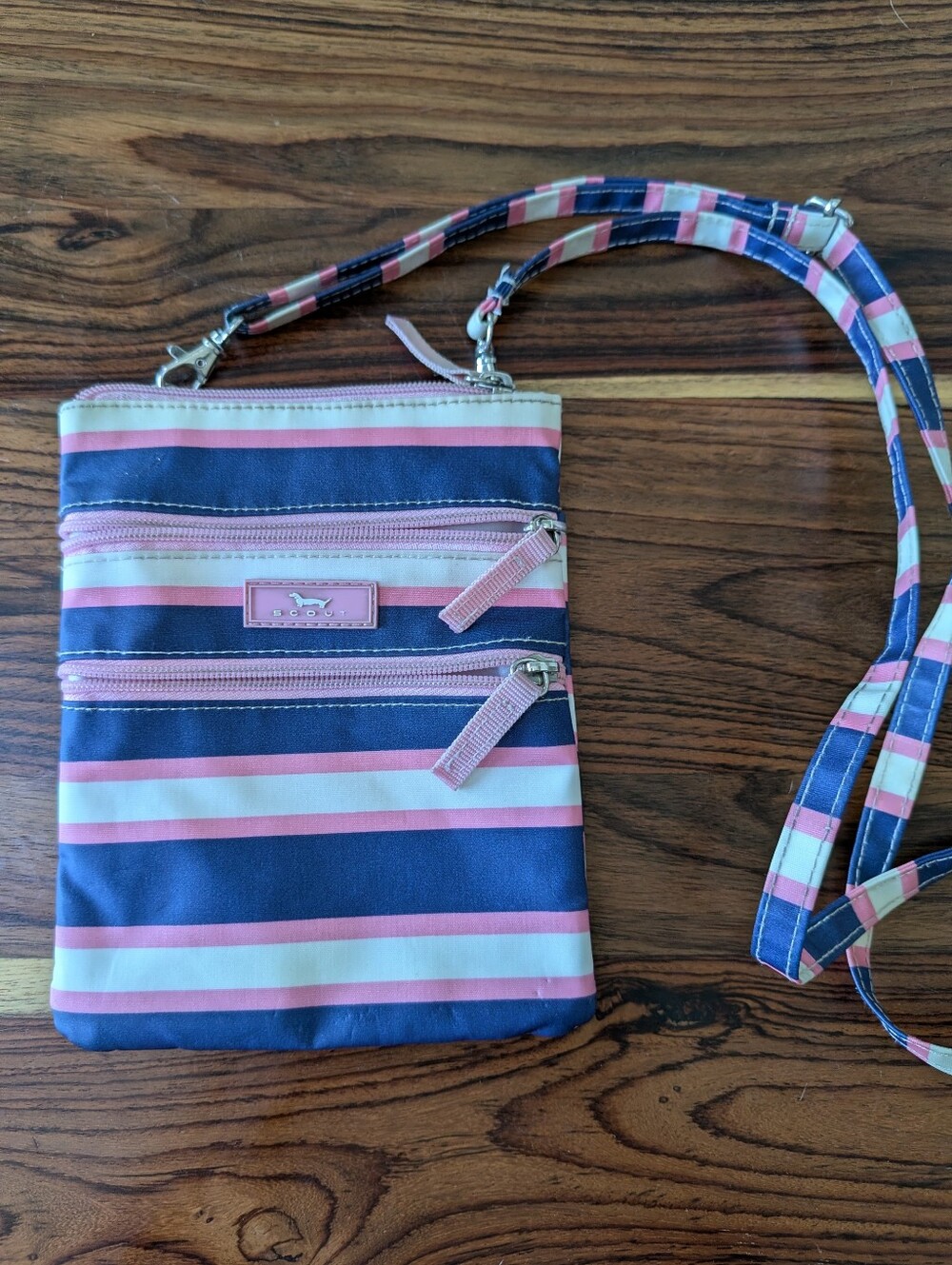 SCOUT Multi Zip Crossbody Bag Pink Navy Striped Travel Passport Pouch